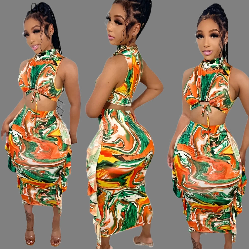 Mo's Orange Ruffle Print Two Piece Sets