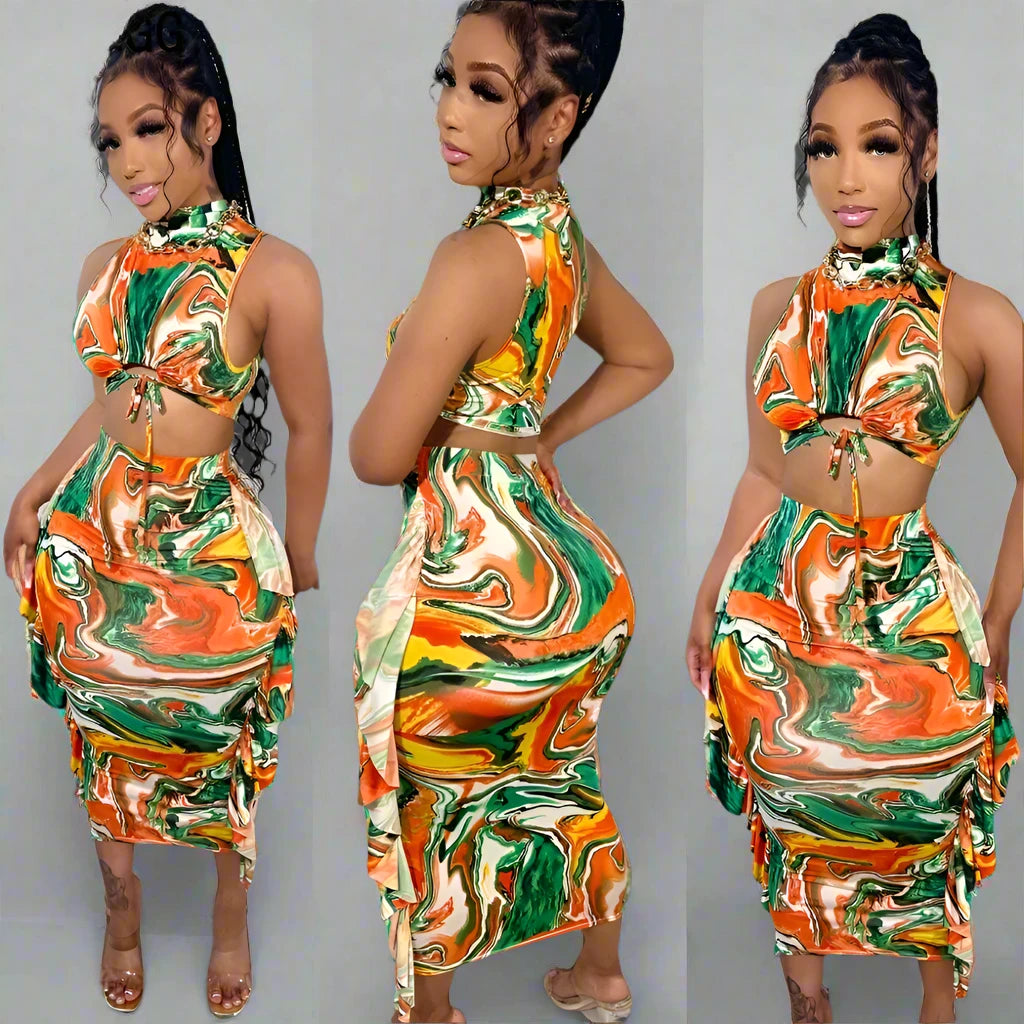 Mo's Orange Ruffle Print Two Piece Sets